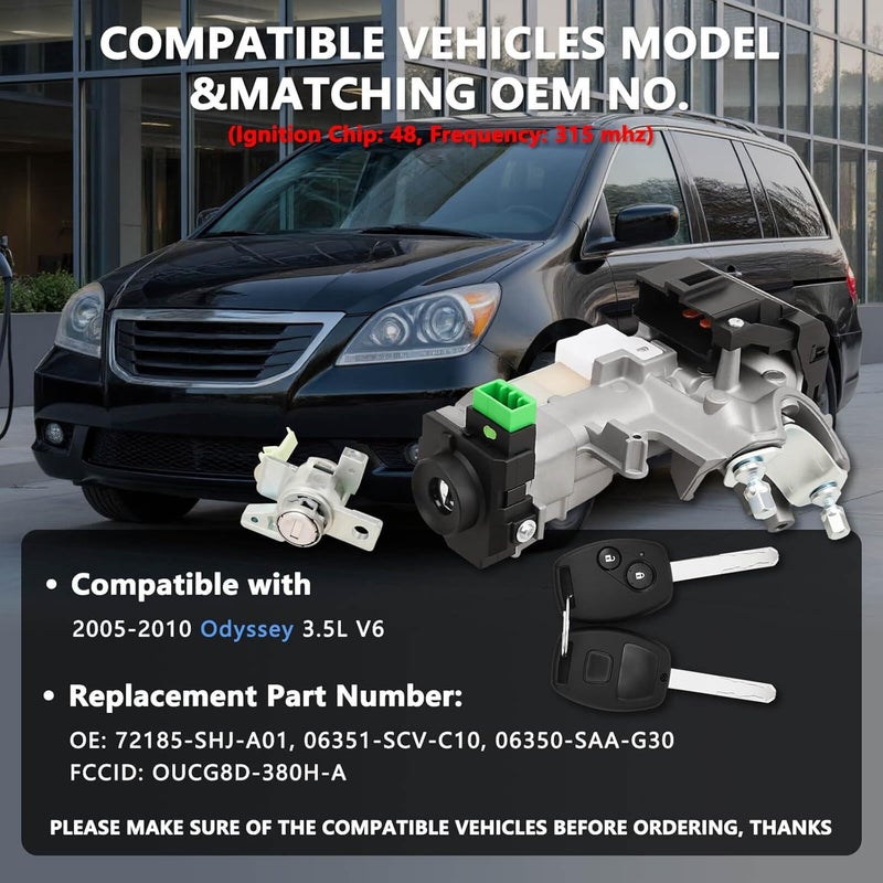 RAMATA 72185-SHJ-A01 Ignition Switch Lock Cylinder with Key (with Blank Chip) Compatible with 2005 2006 2007 2008 2009 2010 Honda Odyssey (Ignition Chip: 48,Frequency: 315mHz) - Image 2
